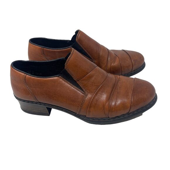 Rieker Brown Leather Slip On Ruched Loafers Slip On Comfort Career Womens 5.5 - Picture 1 of 8